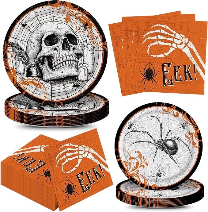 150pcs Halloween Plates Napkins Party Supplies Vintage Skull Tableware Set - skull plate