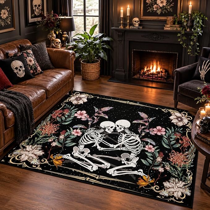 Gothic Skeleton Couple Area Rug Romantic Skull Floral Carpet 3x4ft