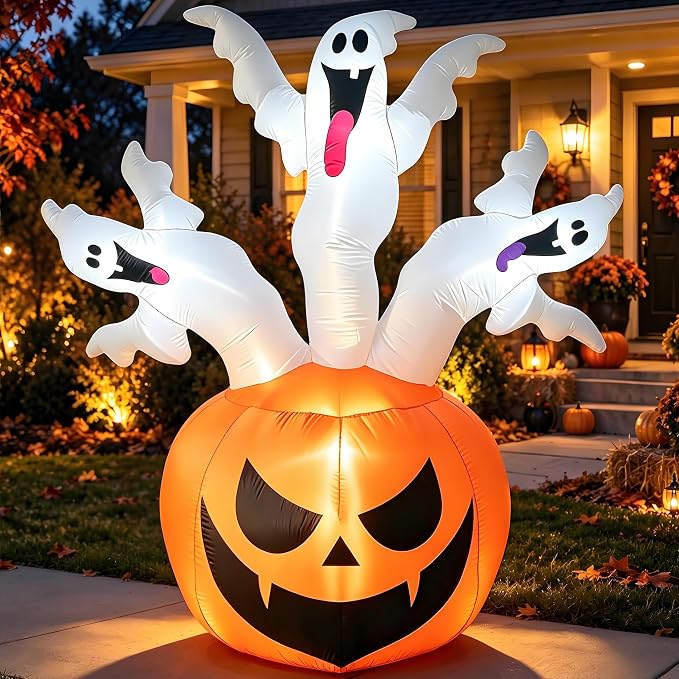 6 FT Halloween Inflatable Pumpkin with 3 Ghosts for Outdoor Decor - skull inflatable