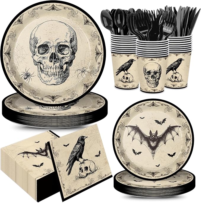 168pcs Halloween Plates Napkins Vintage Gothic Party Supplies Tableware Set - skull plate
