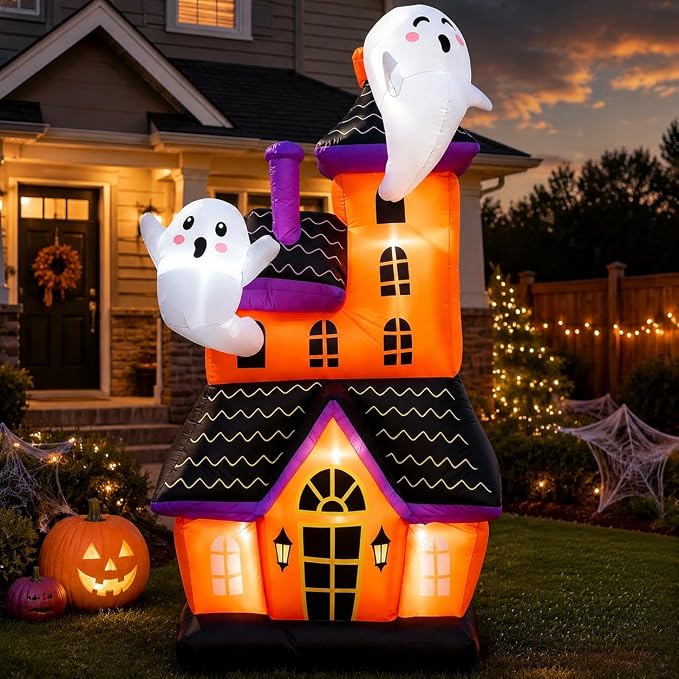 6 FT Halloween Inflatable Haunted House with 2 Cute Ghosts - skull inflatable