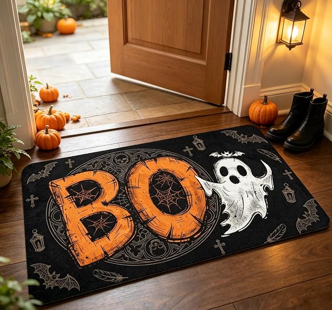 Halloween Door Mat Outdoor Boo Spooky Ghost Doormats for Front Door Party Black Decor Non Slip Layered Halloween Rug Bat Designs Goth Decorations Outdoor Indoor Porch Entryway Doormat