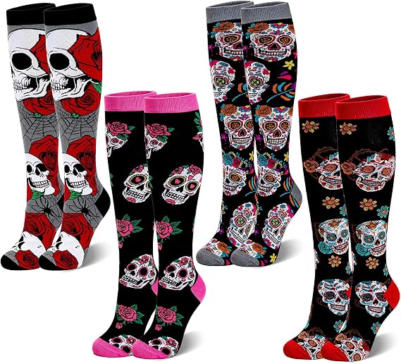 4 Pairs Day of the Dead Socks for Women Sugar Skull Rose Knee High Socks Halloween Costume Compression Socks - sugar skull costume