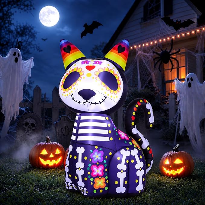 4.4FT Halloween Inflatables Outdoor Decoration, Day of The Dead Black Cat - skull inflatable