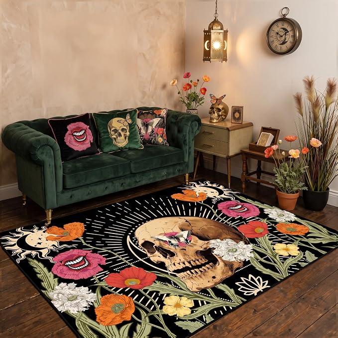 Gothic Area Rugs Skull Moth Floral Botanical Carpets 3x4ft - skull carpet