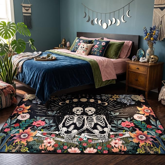 Skeleton Couple Area Rug Dark Floral Skull Lovers Carpet 3x4ft - skull carpet