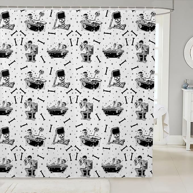 Feelyou Sugar Skull Shower Curtain for Bathroom Decor Halloween Themed Bath Curtain for Stalls Bathtubs Funny Bathroom Accessories White and Black Waterproof Polyester Fabric with 12 Hooks 72"x72" - skull toilet rug
