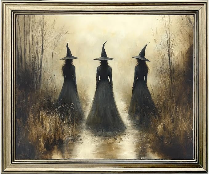 Vintage Framed Halloween Witchy Wall Art Autumn Canvas Print Rustic Cottagecore Three Witches Oil Painting Fall Picture Wall Decor - skull painting