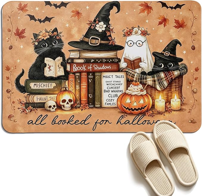 Fall Vintage Black Cat Ghost Bath Mat,Autumn Halloween Bathroom Mat - skull toilet mat
