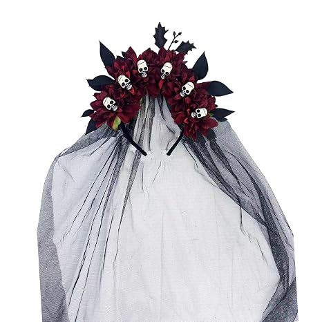 Halloween Dark Red Flower Skull Veil Headband for Women
