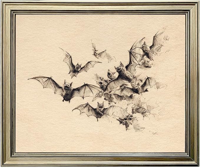 Vintage Bat Sketch Print Neutral Gothic Halloween Wall Art Spooky Wall Decor Cottagecore Painting Fall Picture Artwork - skull wall art