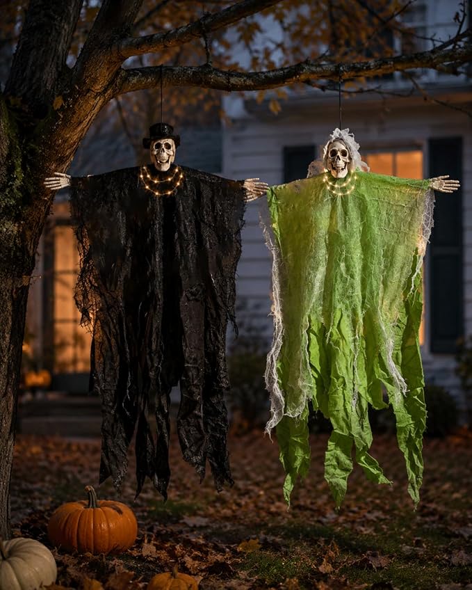 Halloween Decorations, 2 Pack Hanging Skeletons with String Light, 29.5 in - string light
