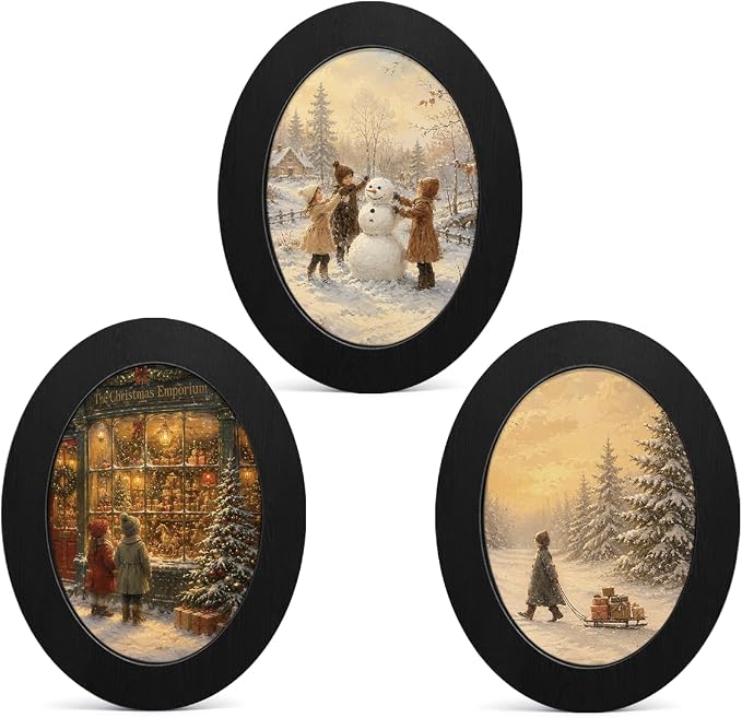 3Pcs Vintage Winter Holiday Kids Christmas Oval Wall Art Framed Home Decor - skull wall art