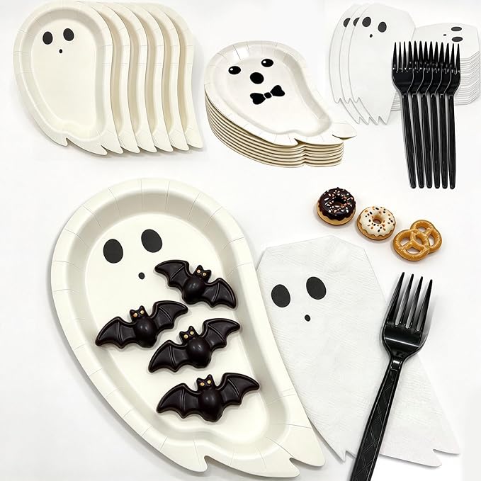 Halloween Ghost Plates and Napkins, 96PCS Tableware Disposable - skull plate
