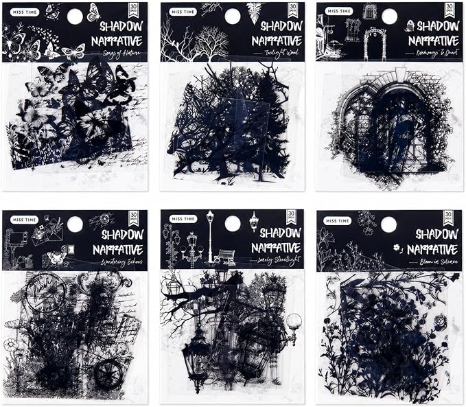 180 Pcs Black Silhouette PET Stickers, Vintage Gothic Decals Set - skull sticker