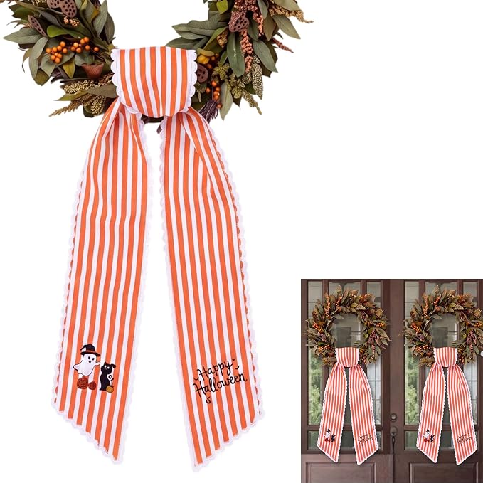 2 Pcs Halloween Wreath Sash for Front Door Embroidered Ghost, 55.12 x 4.53 - skull wreath