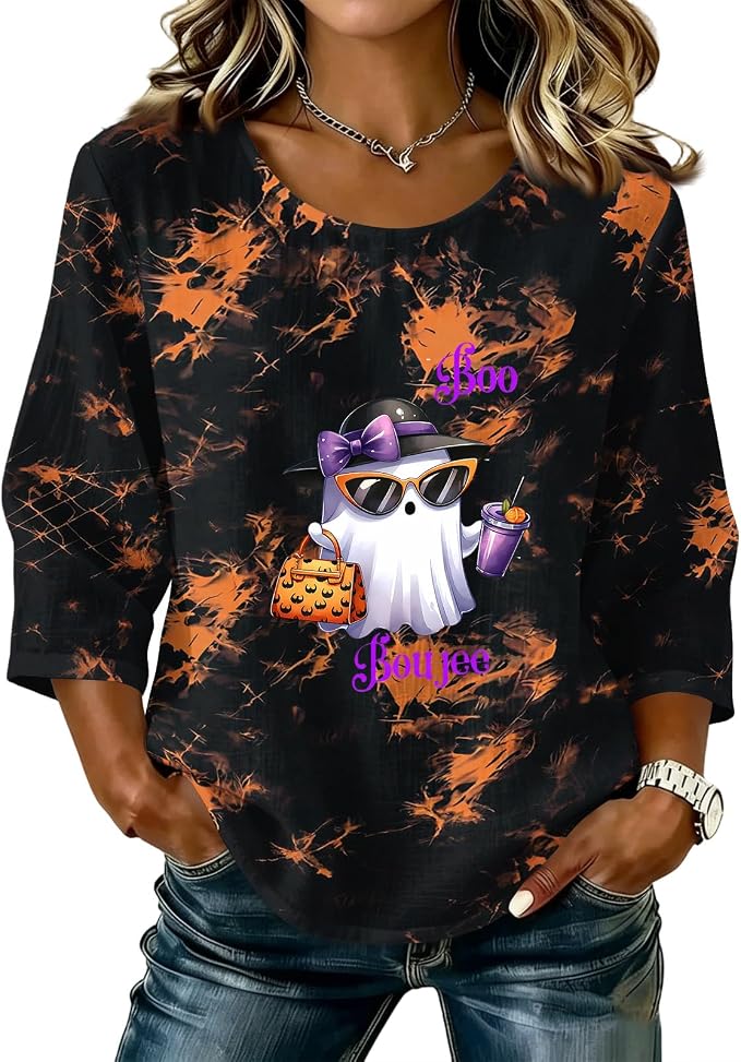 Halloween Shirts Women Spooky Sugar Fall 3/4 Sleeve Crew Neck Top Cute Skeleton Bat Blouse Boo Sheet Shirt - skull tshirt