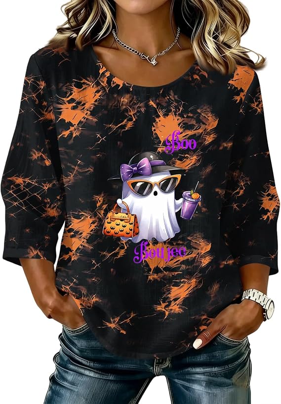 Halloween Shirts Women Spooky Sugar Fall 3/4 Sleeve Crew Neck Top Cute Skeleton Bat Blouse Boo Sheet Shirt - skull sweatshirts