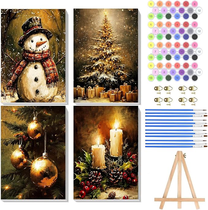 WNPOKN 4 Pack Vintage Christmas DIY Paint by Numbers Kit for Adults, Paint by Number Kits with Framed, Acrylic Oil Painting Kits with Brushes for Home Wall Decor 8X12 Inch - skull painting