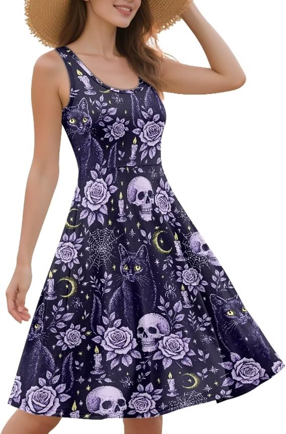 Women's Sleeveless Tank Dress Plus Size A-Line Knee Length Dresses - sugar skull dress