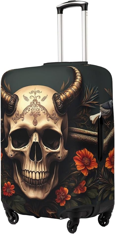 Travel Luggage Cover for Metal Style Horned Skull - skull suitcase
