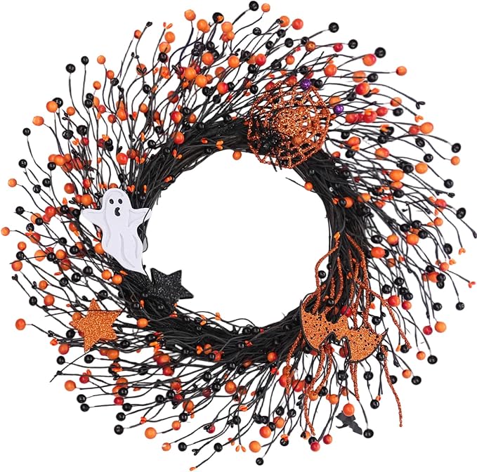 22-inch Halloween Wreath for Front Door, Artificial Berry Wreath with Orange Black Berries Ghost Bat Spider Web, Popular Farmhouse Halloween Decor for Porch Mantel Window Wall