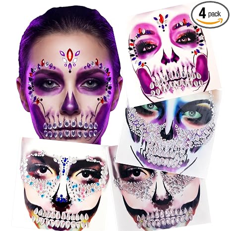 Halloween Sugar Skull Face Gems Rhinestone Stickers 4-Pack - sugar skull costume