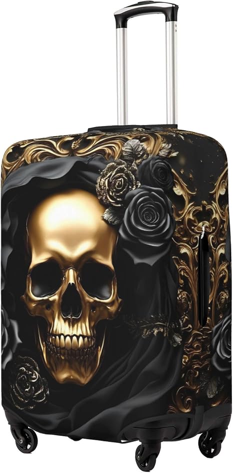 Travel Luggage Cover for Gold Rose Skull - skull suitcase