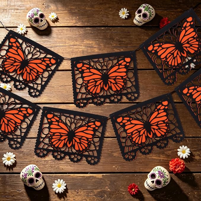 Dia De Los Muertos Decorations Felt Mexican Monarch Butterfly Banner Day of The Dead Decorations for Ofrenda Decoration Supplies Mexican Party Favor Fiesta Halloween Birthday Decor (Black, Orange) - skull carpet