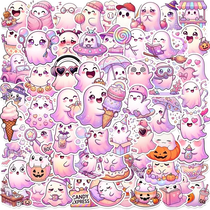 120PCS Pink Cute Ghost Stickers, Pink Halloween Party Favors Birthday Party Decorations Vinyl Waterproof Stickers for Water Bottle Laptop Luggage Helmet Gifts for Teens Boys Girls Adult - skull sticker