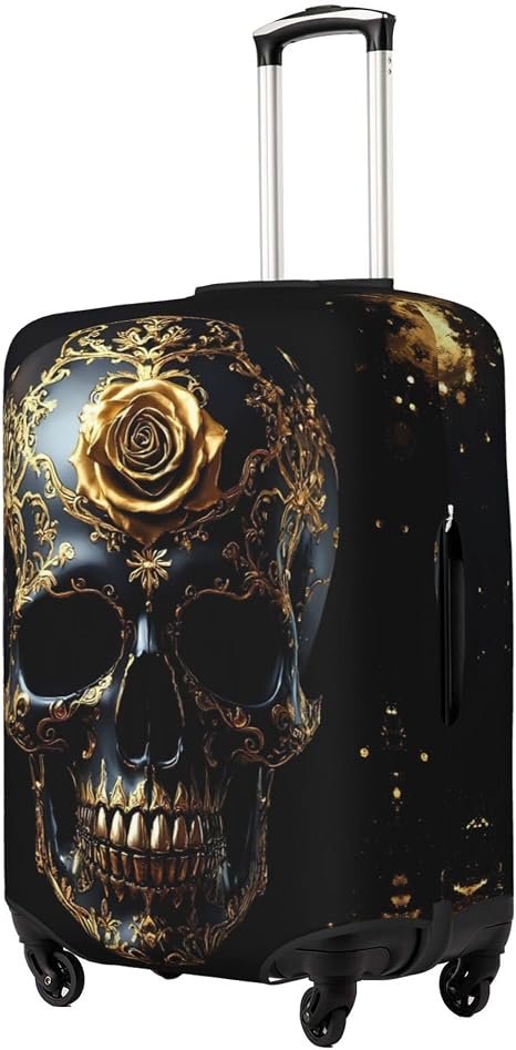 Travel Luggage Cover for Gold Pattern Black Skull - skull suitcase