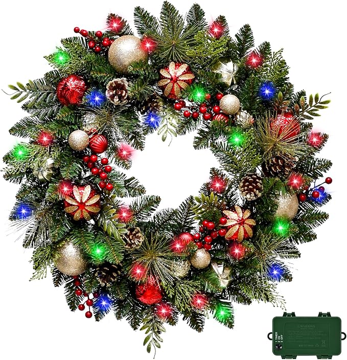Lighted Christmas Wreath 28'' Artificial with 30 LED Multi-Color - skull wreath
