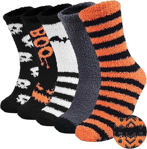 Mens Fuzzy Slipper Socks with Grips Warm Non-slip Cozy 5 Pairs - sugar skull costume