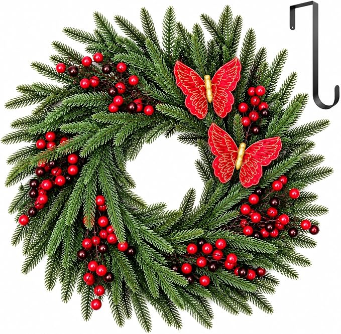 24-Inch Artificial Christmas Wreath for Front Door, Butterflies and Berries - skull wreath