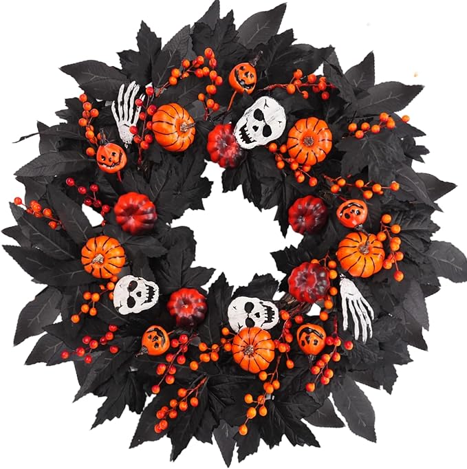 Halloween Wreaths for Front Door 24 Inch Gothic Black Halloween Door Wreath with Jack-o’-Lantern Pumpkin, Skull, Skeleton Hands & Maple Leaves, Spooky Indoor Outdoor Porch Wall Party Decor