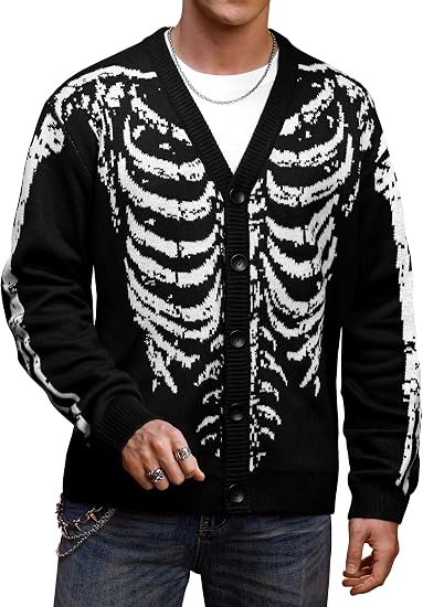 Arvilhill Men's Skeleton Cardigan Halloween Scary Pattern Knit Sweater - skull jacket