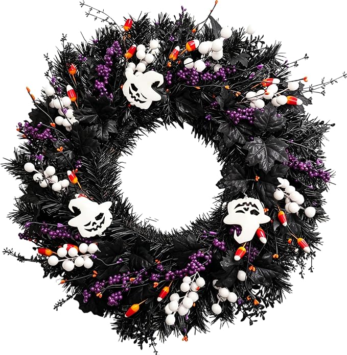 24 Inch Halloween Wreaths for Front Door, Halloween Door Wreath with White Wood Ghosts & Candy Corn, Black Gothic Wreath with Purple Berries & Black Maple Leaves, Spooky Porch Wall Decor - skull wreath
