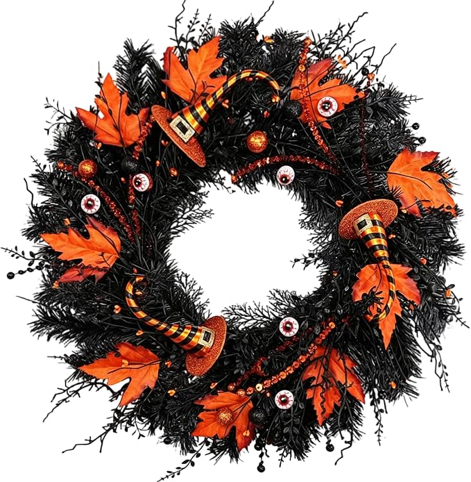 Halloween Wreaths for Front Door 24 Inch, Black Spooky Halloween Door Wreath with Witch Hats, Eyeballs, Orange Maple Leaves & Glitter Balls,Halloween Wreaths for Porch Wall Party Decor - skull wreath
