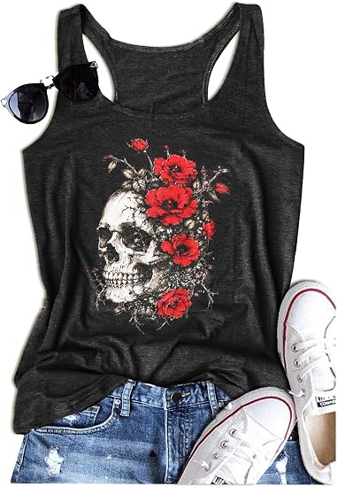 Graphic Tees for Women Summer Tank Tops Vacation Outfits for Women Country Concert Tops Summer Racer Back Tank Tops - skull tshirt