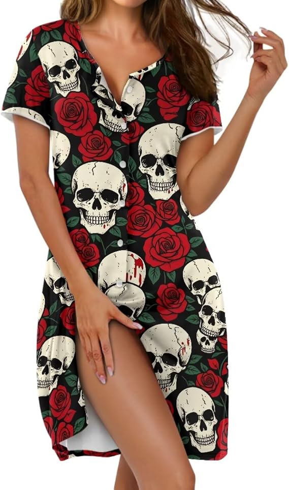 Women's Nightgowns Plus Size Button Up Short Sleeve Pajamas Dress Comfy Soft Nightshirt - skull pajamas