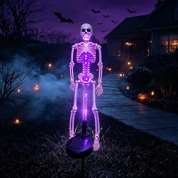 Solar Skeleton Yard Stake Halloween Decoration with Purple LED Light - skeleton