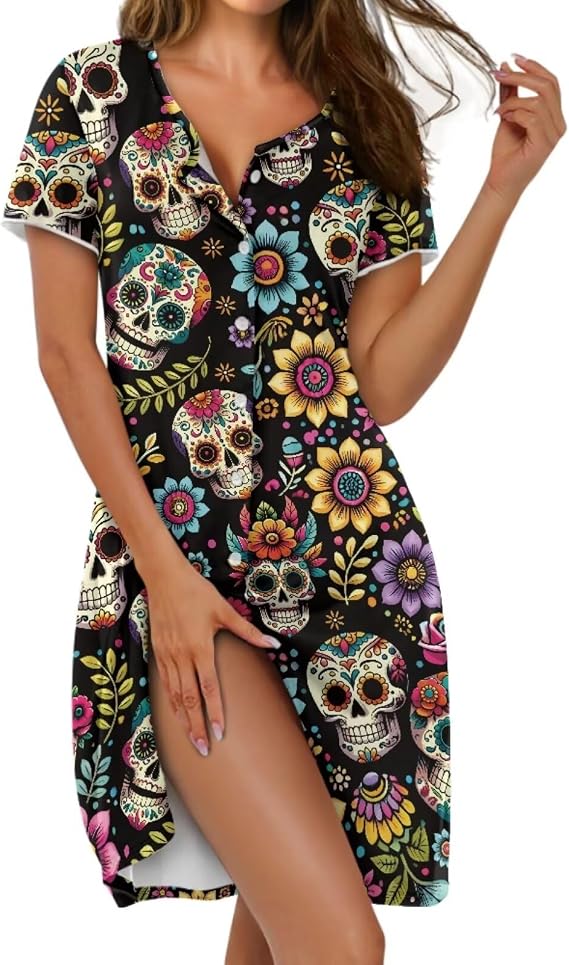 Women's Nightgowns Plus Size Button Up Short Sleeve Pajamas Dress Comfy Soft Nightshirt - skull pajamas