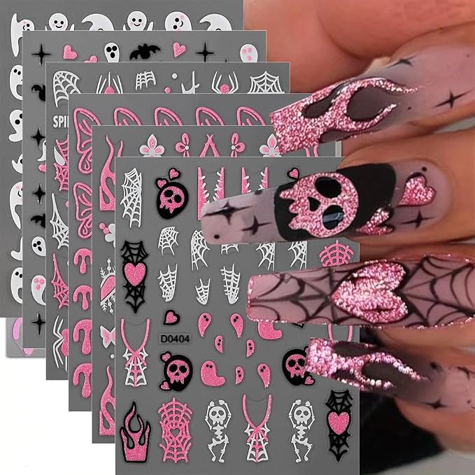 6 Sheets Halloween Nail Stickers for Nail Art, 3D Pink Glitter Skull Ghost Nail Art Stickers, Spiderweb Flame Flowers Nail Decals Stickers for Women Nail Art Supplies - skull sticker