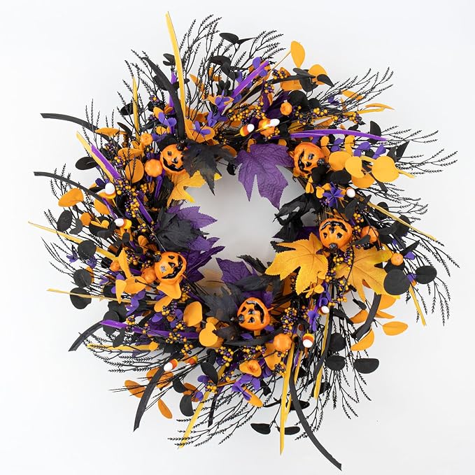 22" Halloween Wreath with 5 Jack-O'-Lantern Black Maple Leaves - skull wreath