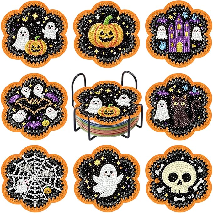 8 Pcs Halloween Diamond Art Coasters Kit for Beginners 3.9 inch Non-Slip - skull coaster