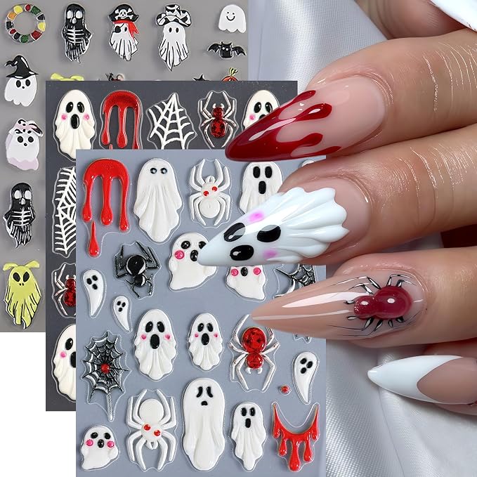 3 Sheets Halloween Ghost Nail Art Stickers 5D Self-Adhesive Spider Web Nail Decals Spooky Bat Spider Nail Art Stickers Gothic Nail Supplies Halloween Nails Decoration for Women Manicure Accessories - skull sticker