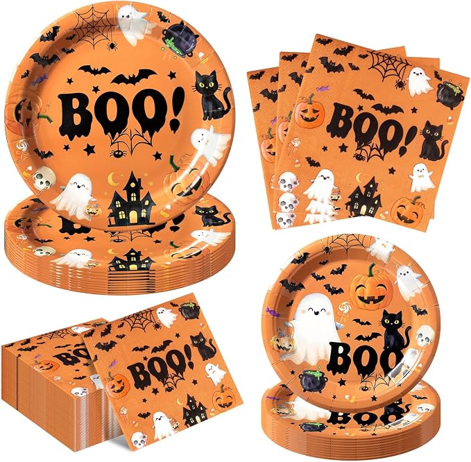 60Pcs Halloween Paper Plate and Napkin Set,Serve 20 - skull plate