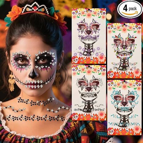 Halloween Face Jewels Temporary Tattoos, 4 Pack Rhinestone Face and Body Gems, Self Adhesive Crystal Makeup Stickers with Neck and Chest Jewels for Halloween Costume Party, Festival, Rave & Cosplay - sugar skull makeup