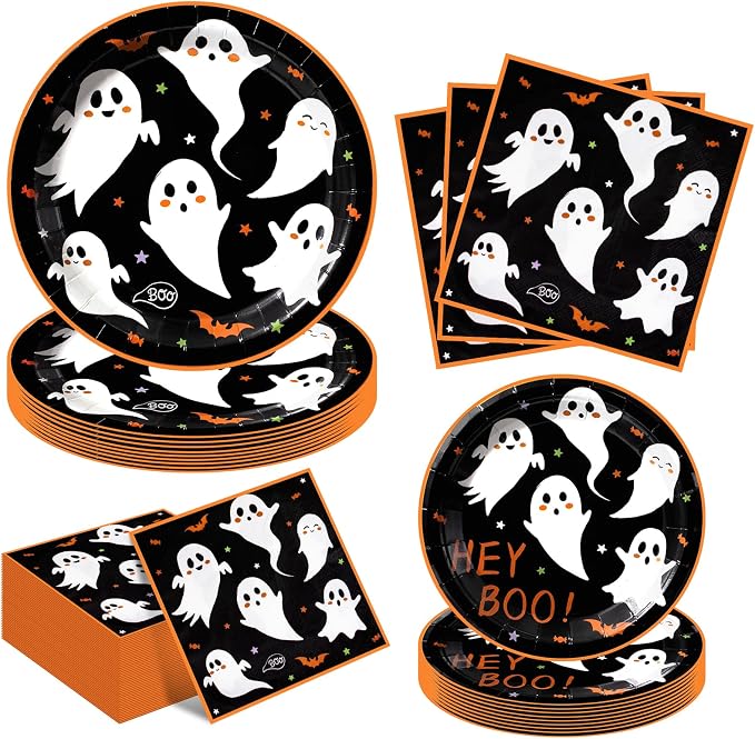 60 Pcs Halloween Paper Plates and Napkins Set,Serves 20 - skull plate