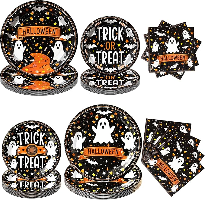 60 Pcs Happy Halloween Paper Plates and Napkins Set,Serves 20 - skull plate